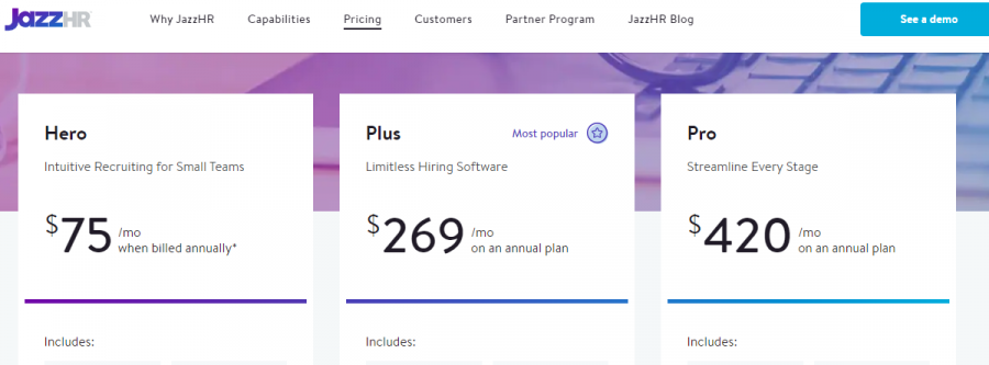 JazzHR Pricing Screenshot