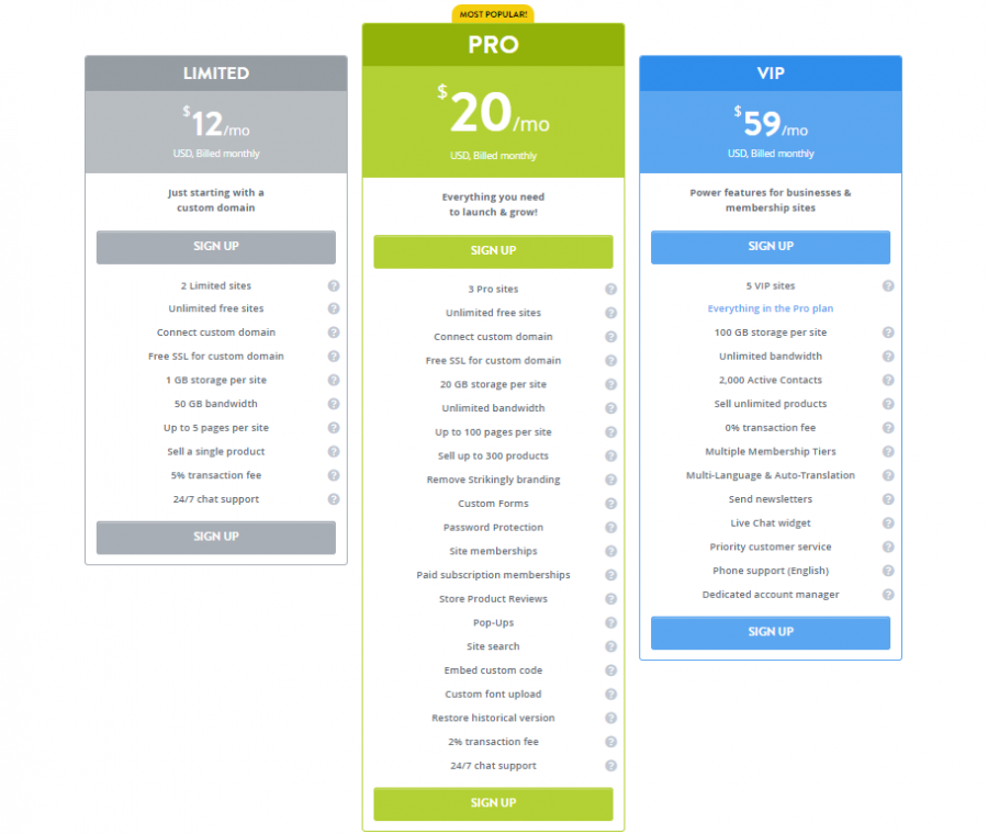 Strikingly Pricing Screenshot