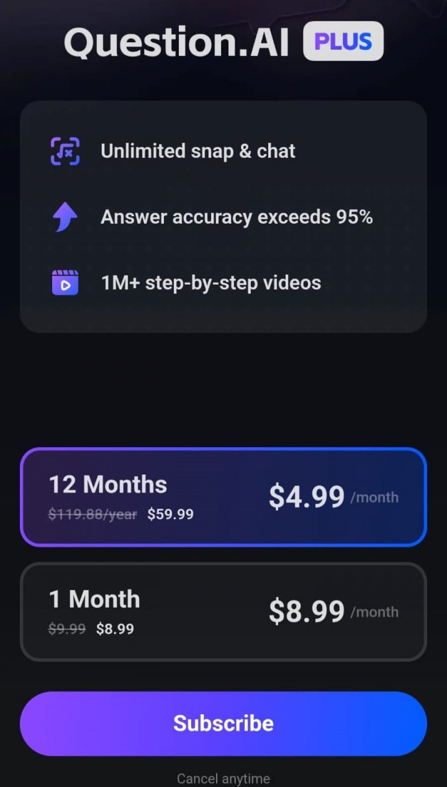 Question AI Pricing Screenshot