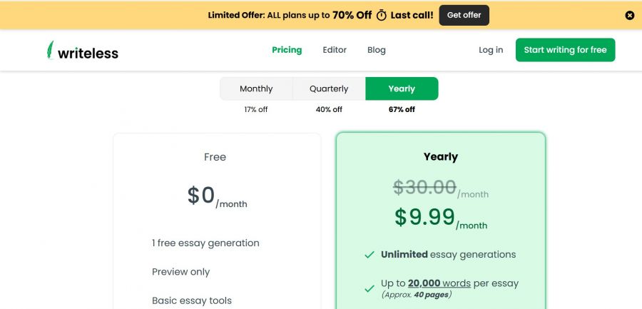 Writeless AI Pricing Screenshot