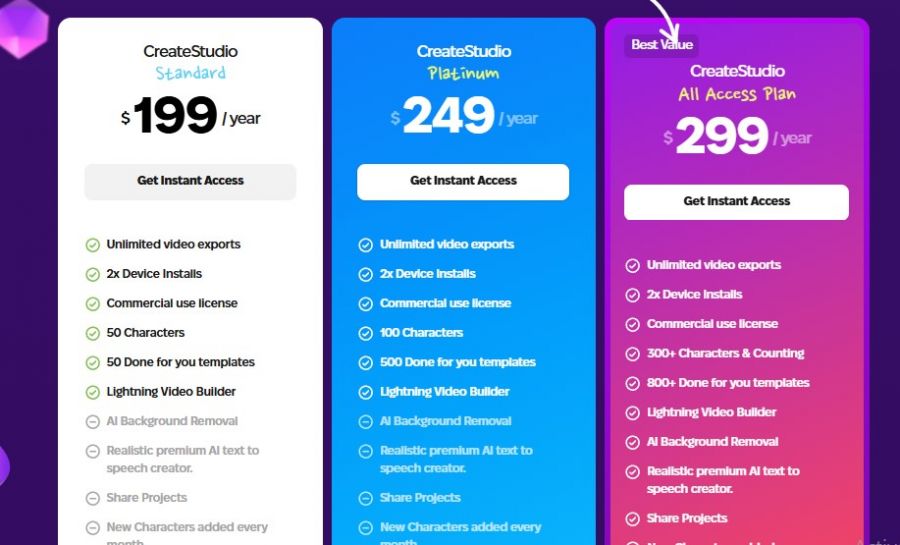 CreateStudio Pricing Screenshot