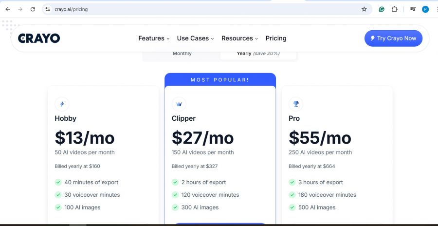 Crayo ai Pricing Screenshot