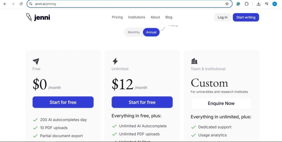 Jenni ai Pricing Screenshot