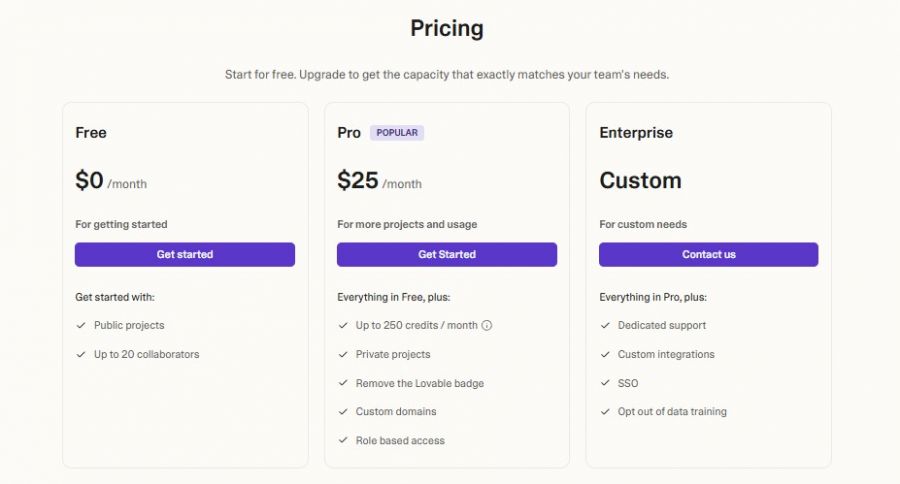 Lovable Pricing Screenshot