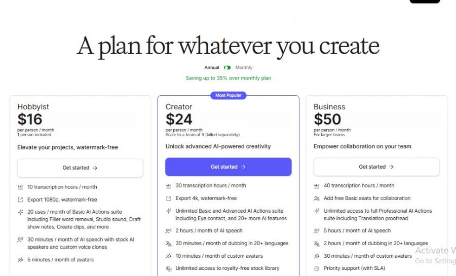 Descript Pricing Screenshot