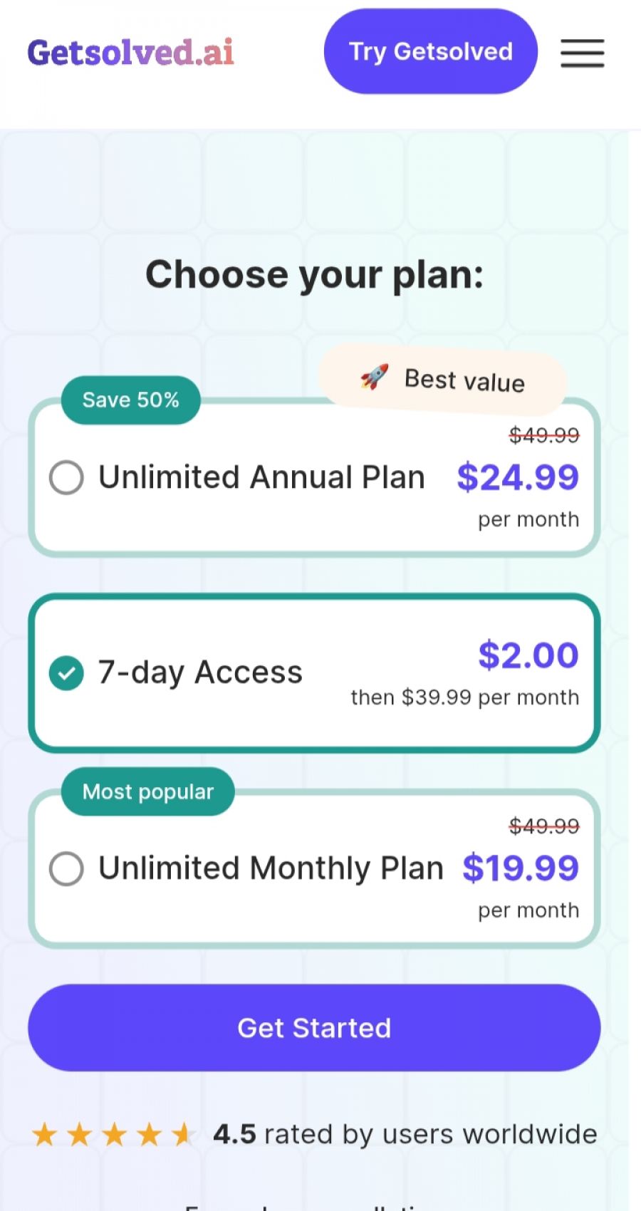 Getsolved.ai Pricing Screenshot