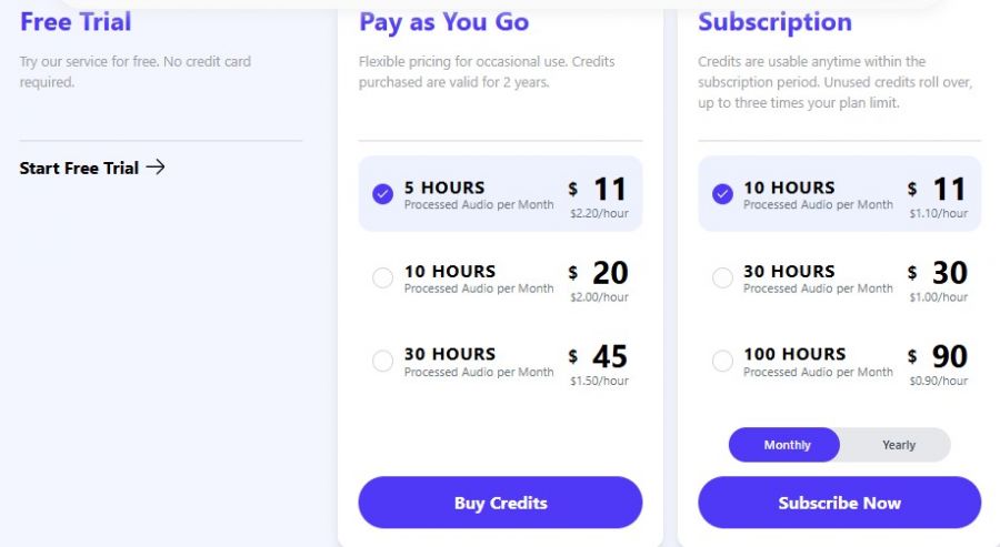 Cleanvoice AI Pricing Screenshot