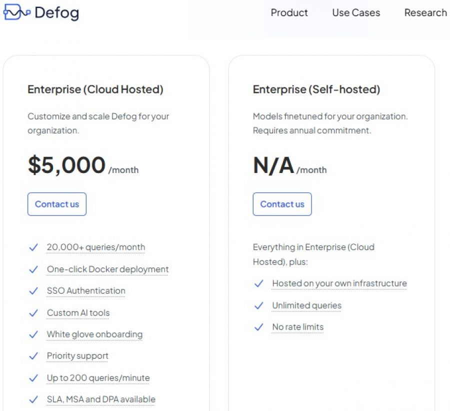 Defog Pricing Screenshot