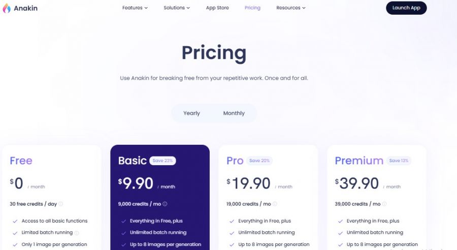 Anakin.ai Pricing Screenshot