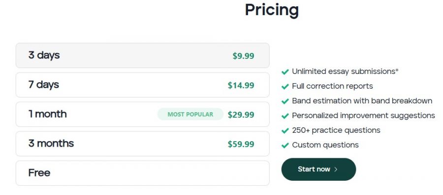 IELTSWritingPro Pricing Screenshot