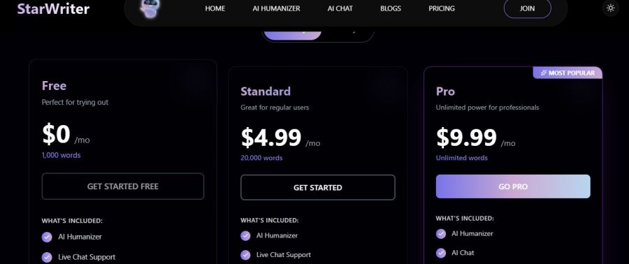StarWriter AI Pricing Screenshot