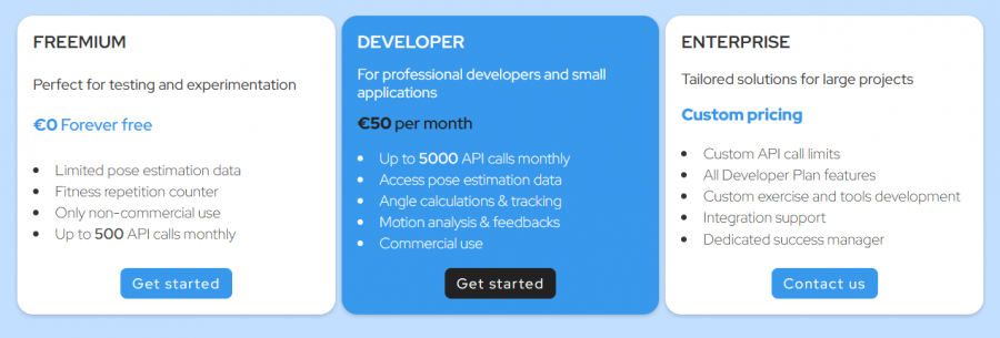 PoseTracker API Pricing Screenshot