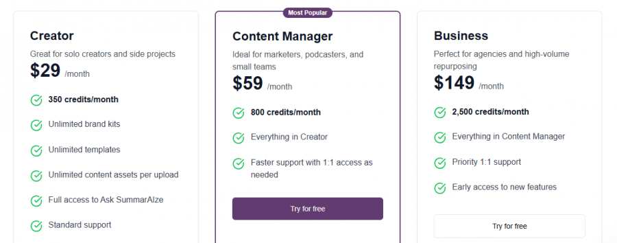 SummarAIze Pricing Screenshot