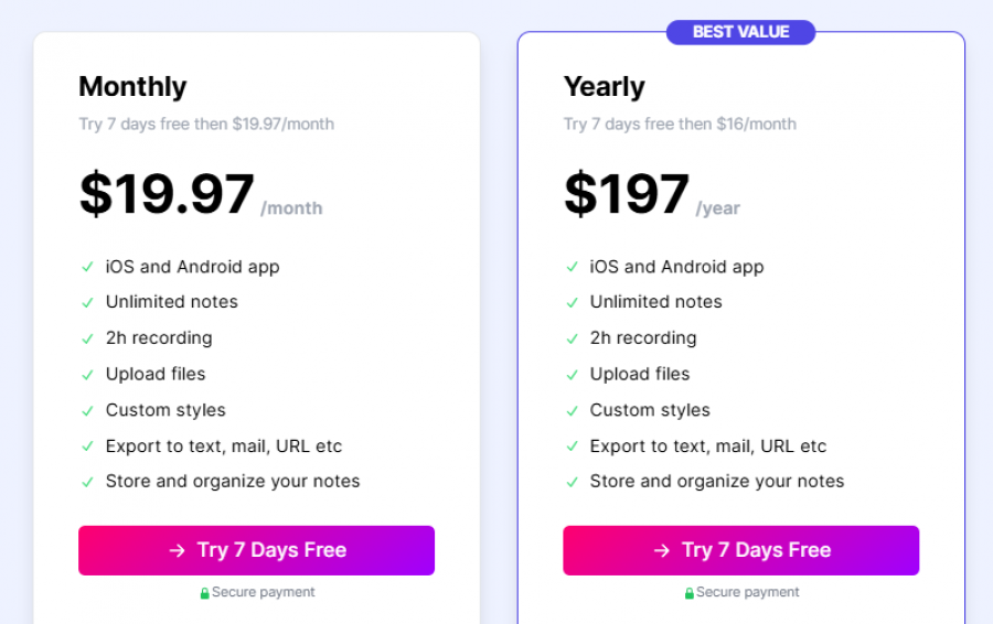 Talknotes Pricing Screenshot