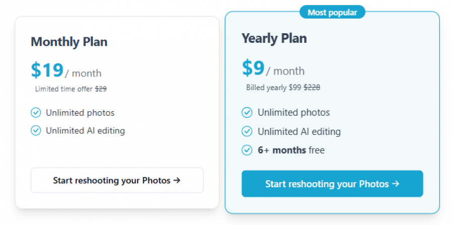 Reshot AI Pricing Screenshot