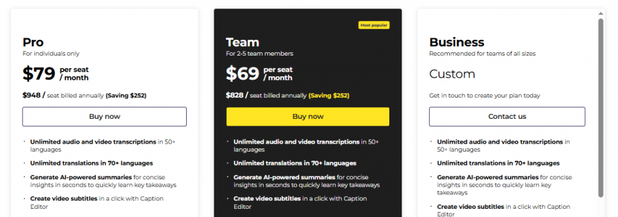 Trint Pricing Screenshot