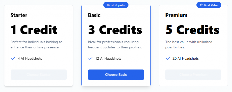 Headshots AI Pricing Screenshot