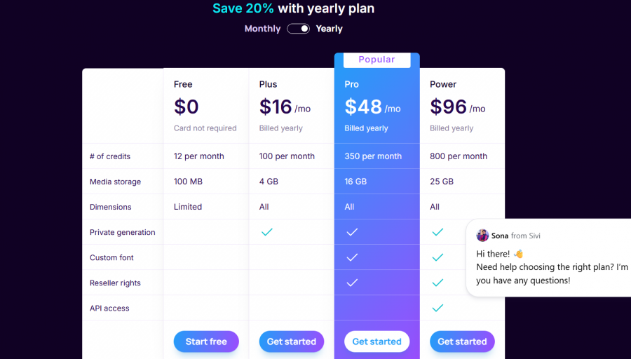 Sivi Pricing Screenshot
