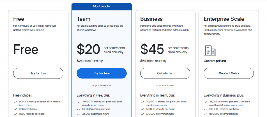 Airtable AI Pricing Screenshot