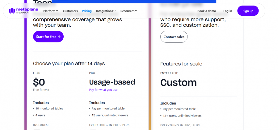 Metaplane Pricing Screenshot