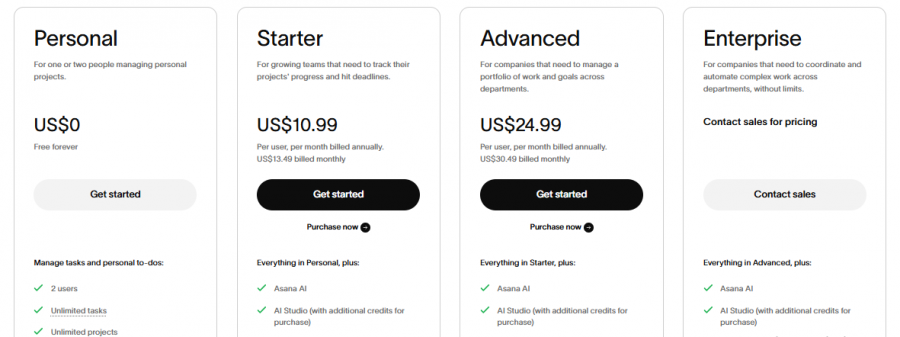 Asana Pricing Screenshot