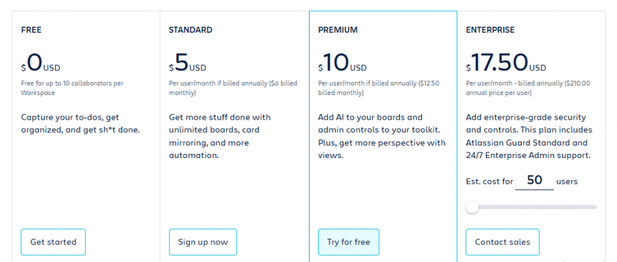 Trello Pricing Screenshot