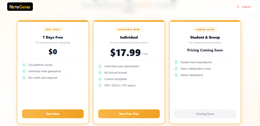NoteGenie Pricing Screenshot