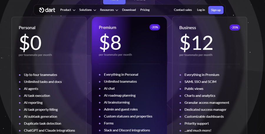 Dart Pricing Screenshot