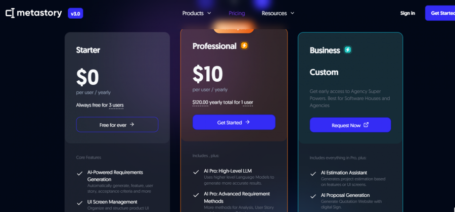 metastory AI Pricing Screenshot