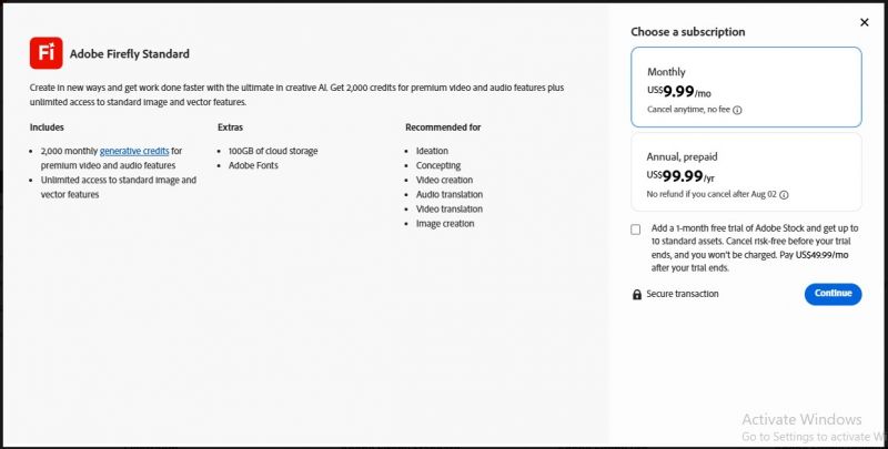 Adobe Firefly Pricing Screenshot
