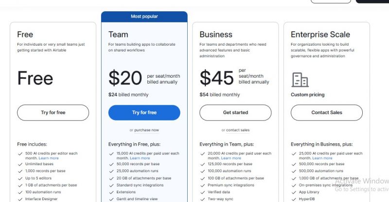 Airtable Pricing Screenshot
