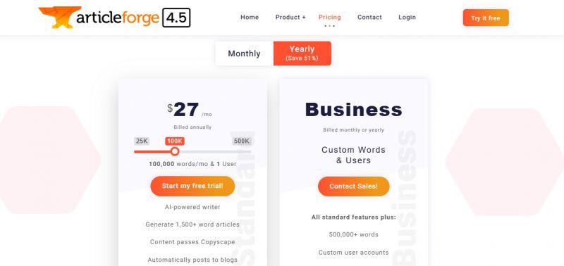 Article Forge Pricing Screenshot