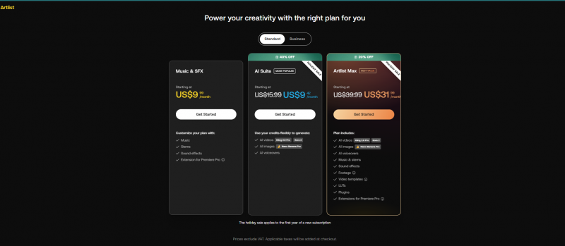Artlist's AI Pricing Screenshot