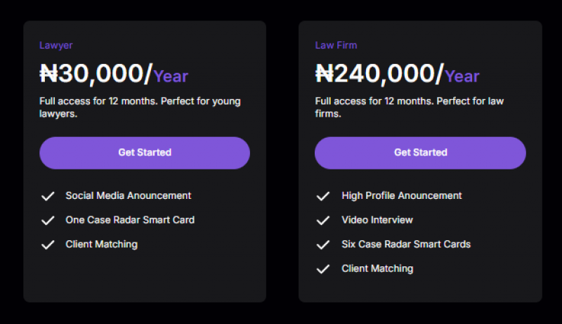 Case Radar Pricing Screenshot
