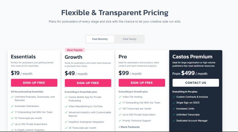 Castos Pricing Screenshot