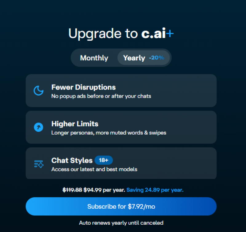 Character.AI Pricing Screenshot