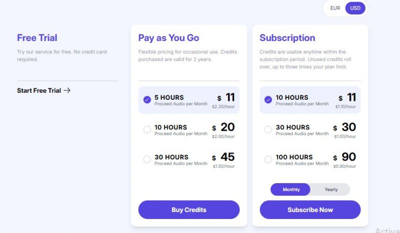 CleanVoice AI Pricing Screenshot