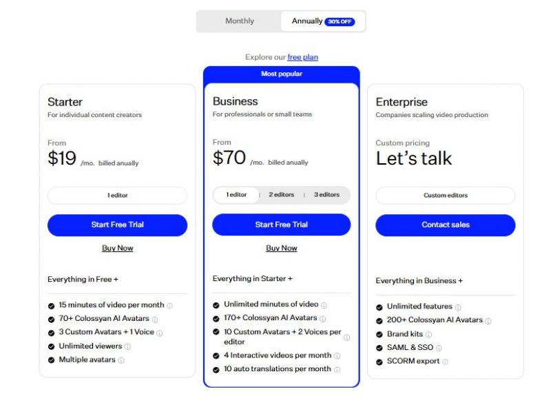 Colossyan Pricing Screenshot