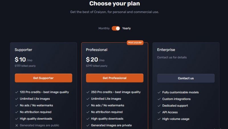Craiyon AI Pricing Screenshot