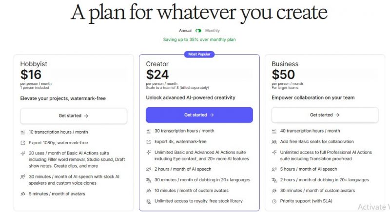 Descript Pricing Screenshot