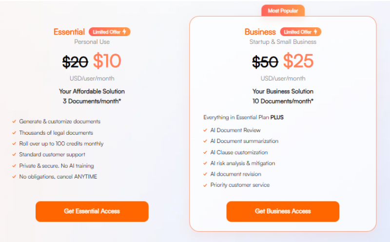 DocLegal.ai Pricing Screenshot