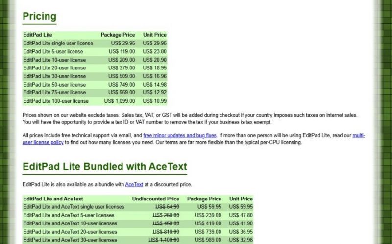 EditPad Lite Pricing Screenshot