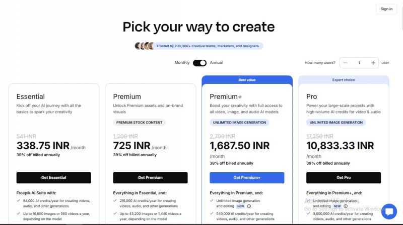 Freepik Pricing Screenshot