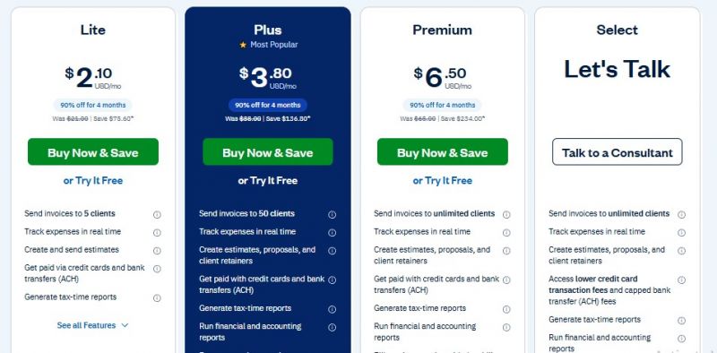 FreshBooks Pricing Screenshot