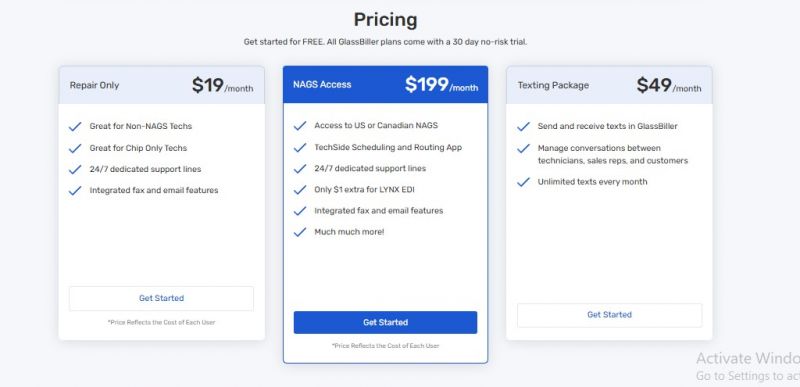 GlassBiller Pricing Screenshot