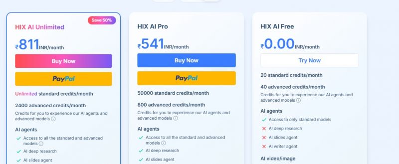 HIX AI Pricing Screenshot