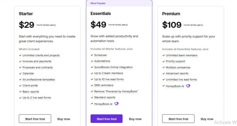 HoneyBook Pricing Screenshot