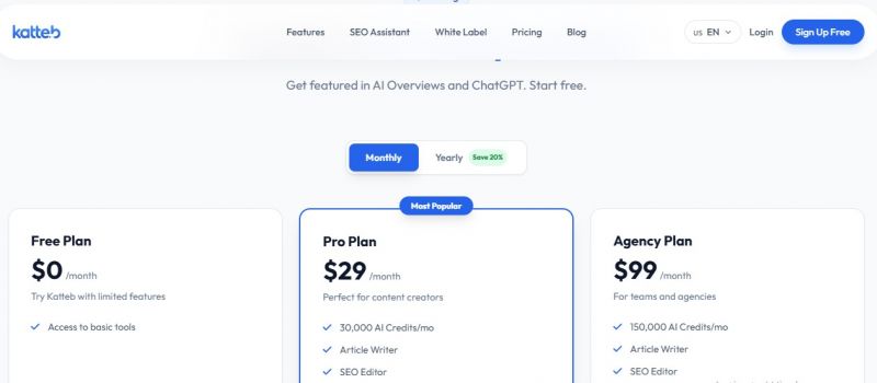 Katteb Pricing Screenshot