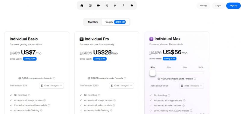 Krea AI Pricing Screenshot