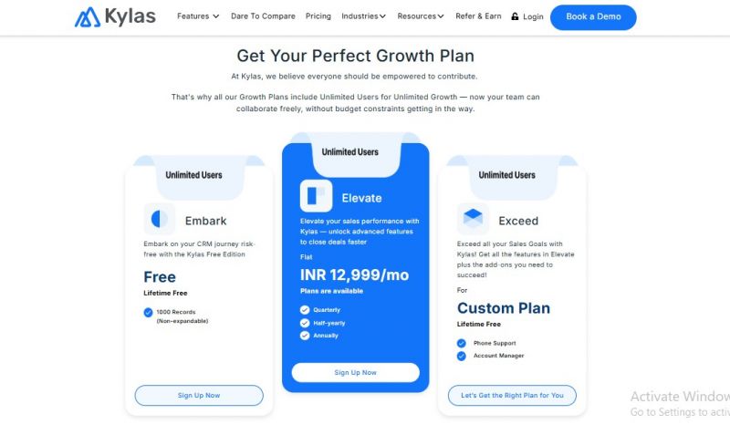Kylas Pricing Screenshot